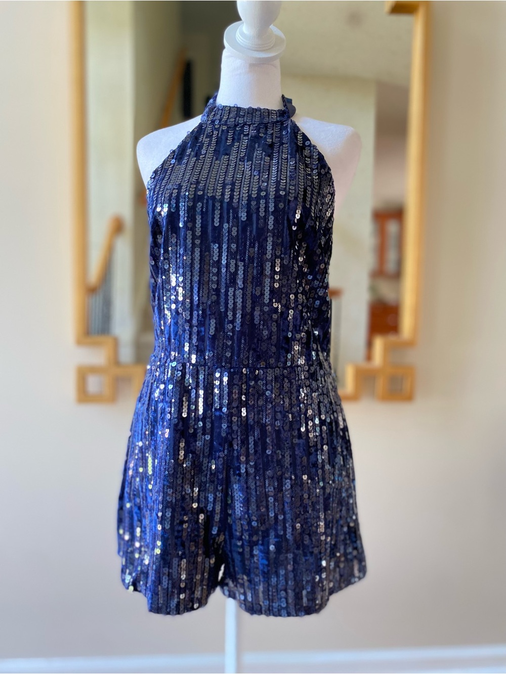 Blithe Navy Blue Velvet Sequin Halter Romper Tie Neck Size Small New with Tags